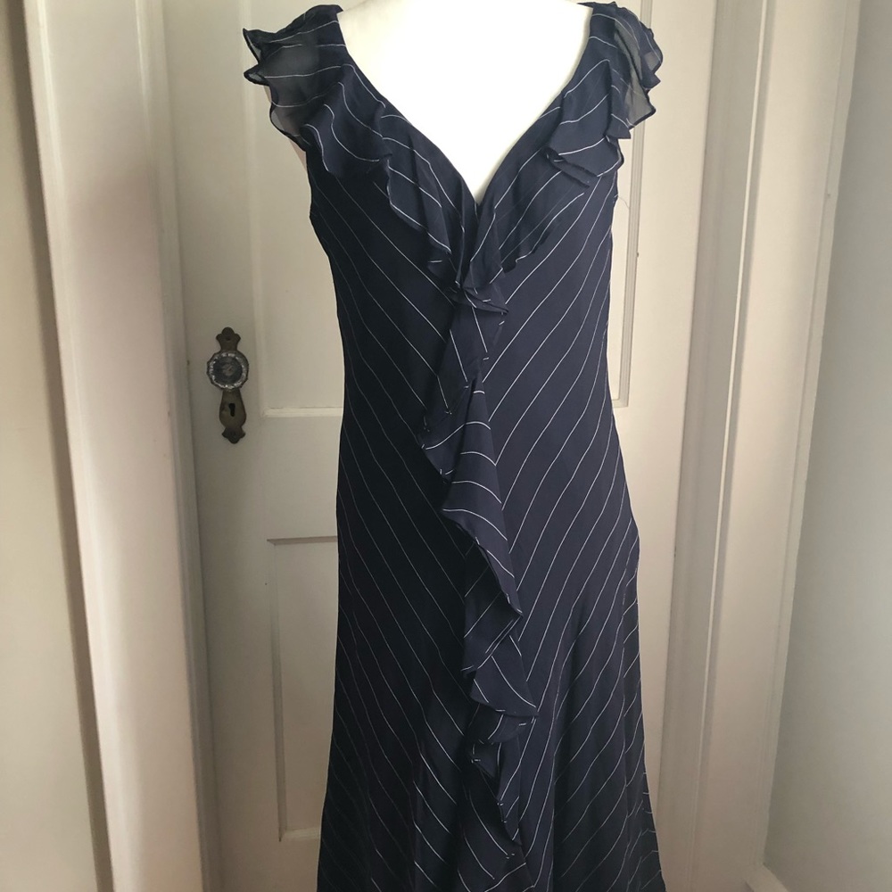 Ralph Lauren NVY Pinstripe Silk Ruffle Dress Sz 12